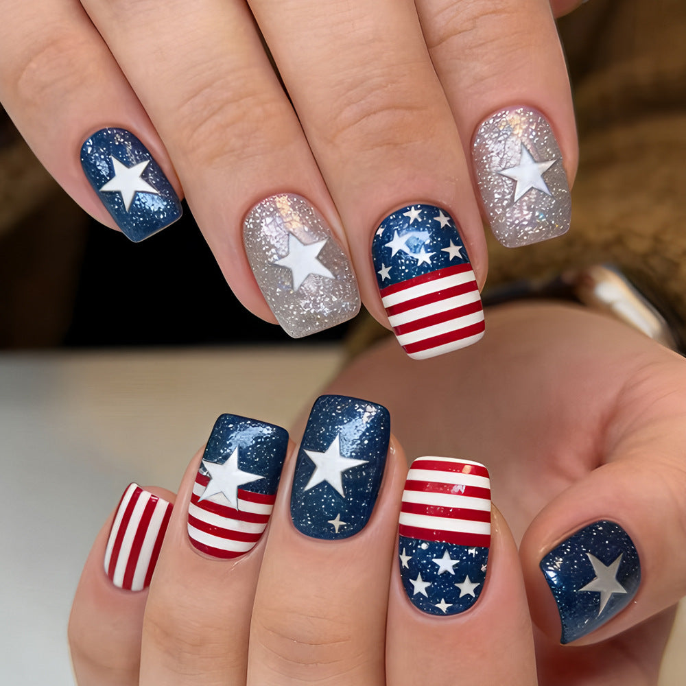 Patriotic Glamour Short Square Blue Glitter and Star Design Press On Nail Set