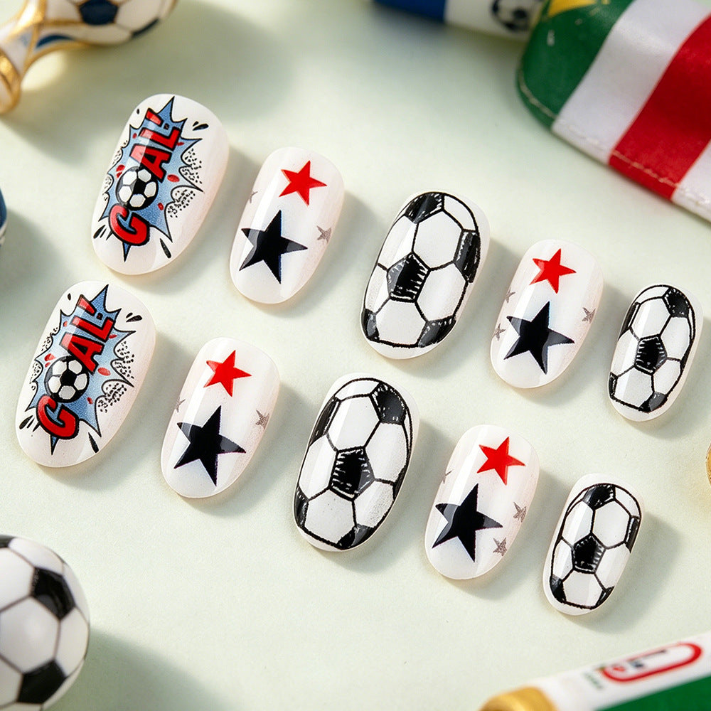 Soccer Inspired Medium Oval White Nails with Star and Ball Design