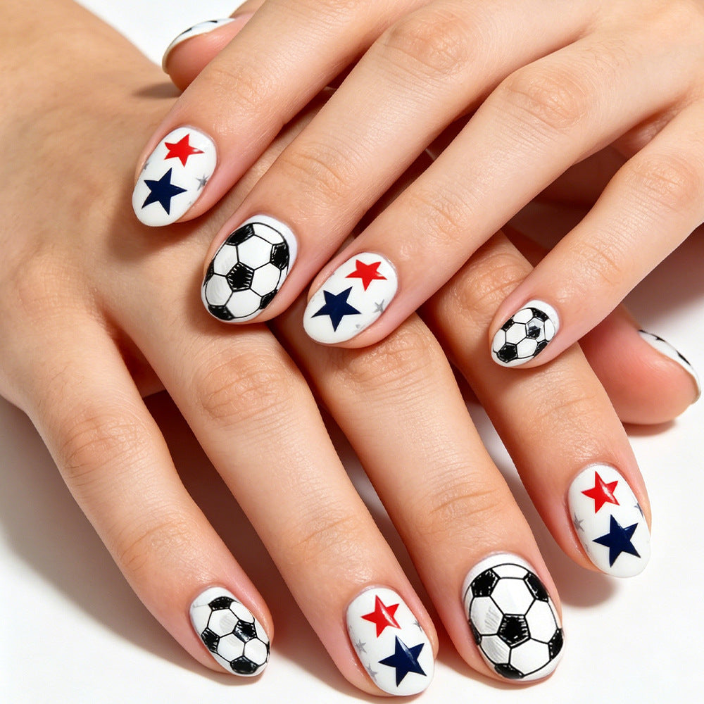 Soccer Inspired Medium Oval White with Stars and Soccer Ball Design Press On Nail Set