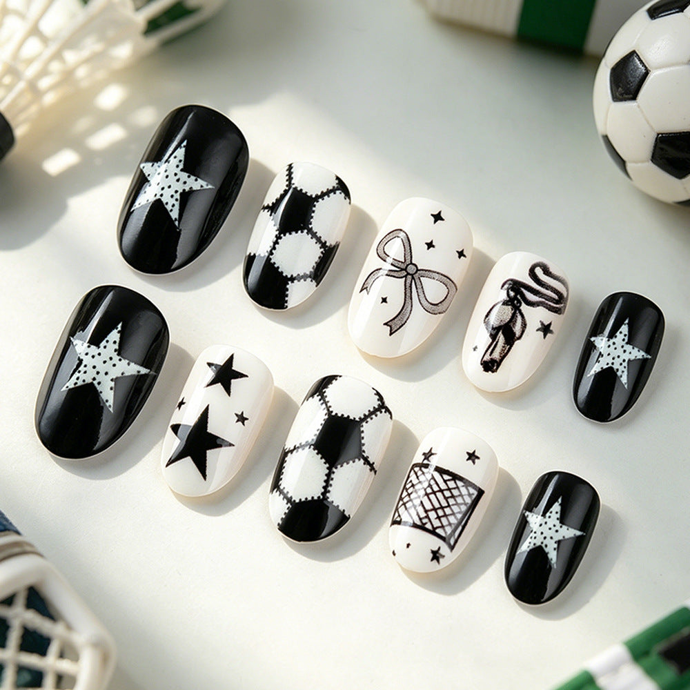 Sporty Vibe Medium Oval Black and White Soccer Inspired Press on Nail Set