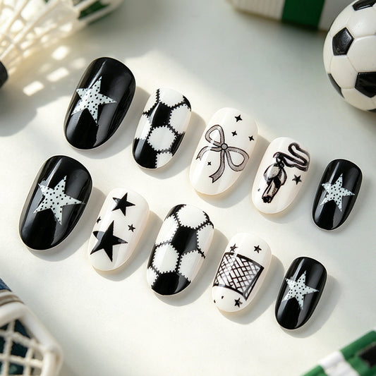 Sporty Vibe Medium Oval Black and White Soccer Inspired Press on Nail Set