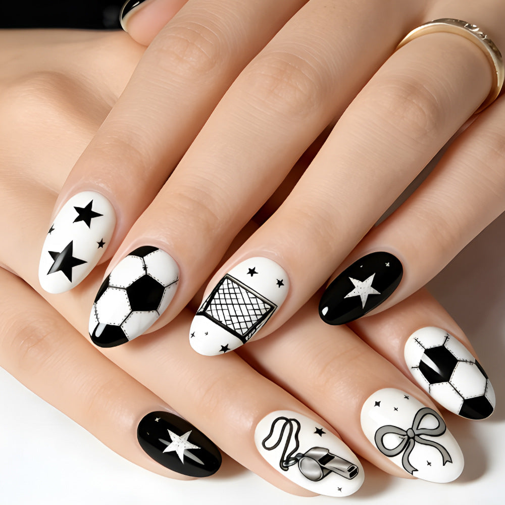 Sporty Chic Medium Almond Black and White Star Pattern Press On Nail Set