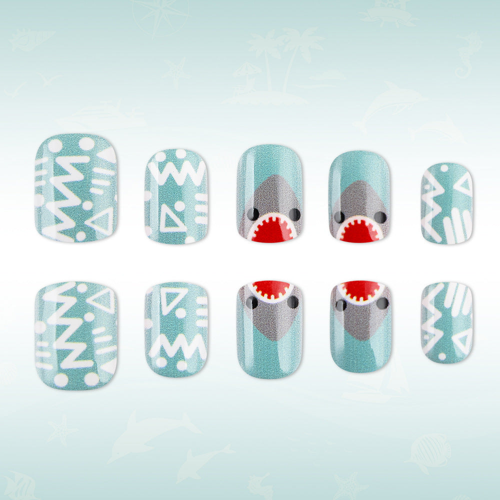 Ocean Vibes Medium Square Aqua Glitter with Shark Design Press on Nail Set