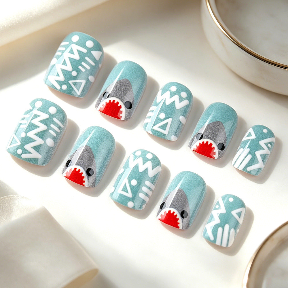 Shark Theme Medium Square Aqua Press On Nail Set with Unique Graphics