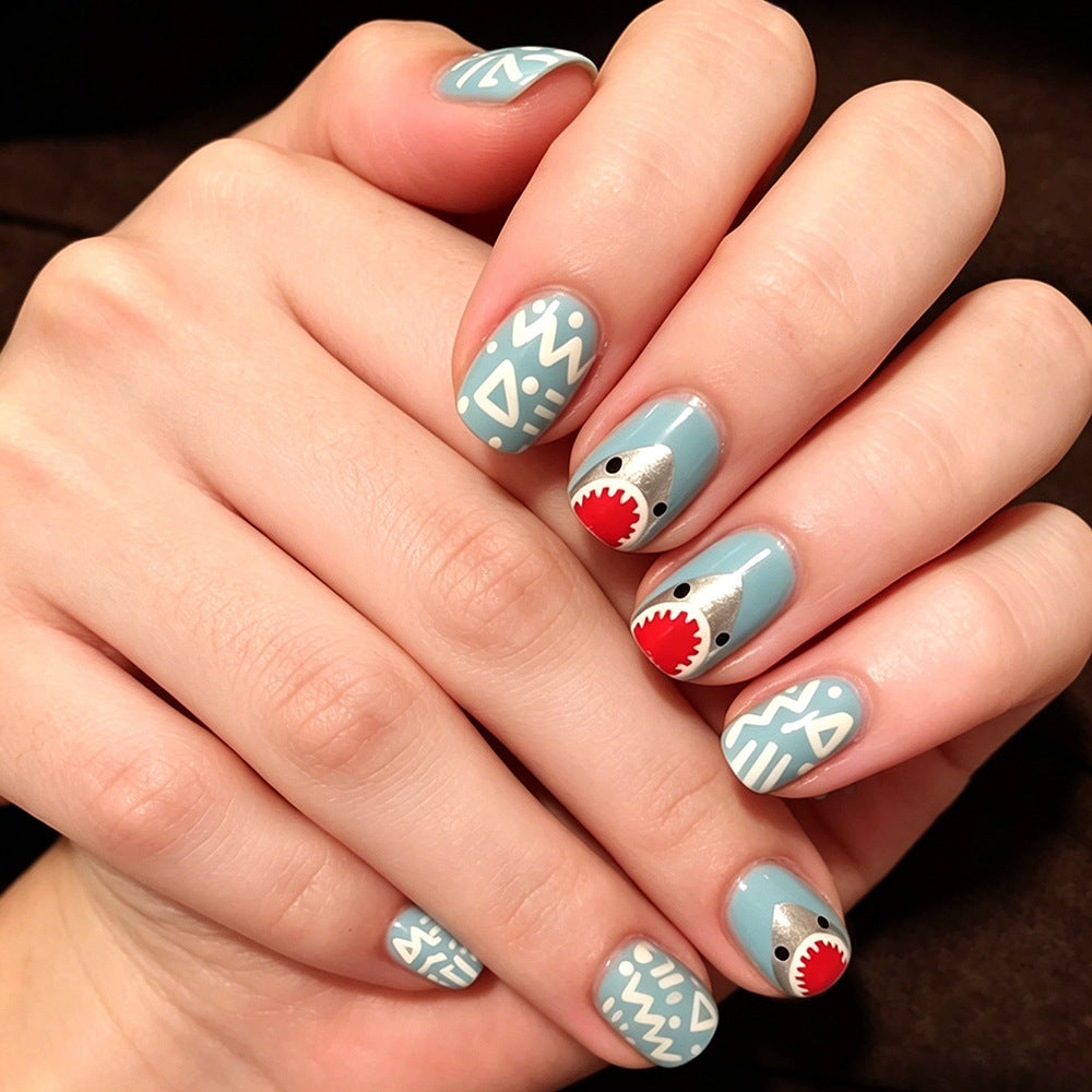 Ocean Adventure Medium Square Blue with Shark Fin Design Press On Nail Set