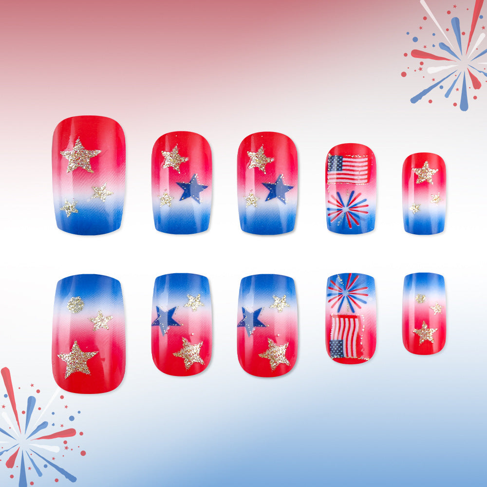 Patriotic Sparkle Short Square Red and Blue Ombre with Glitter Stars Press on Nail Set
