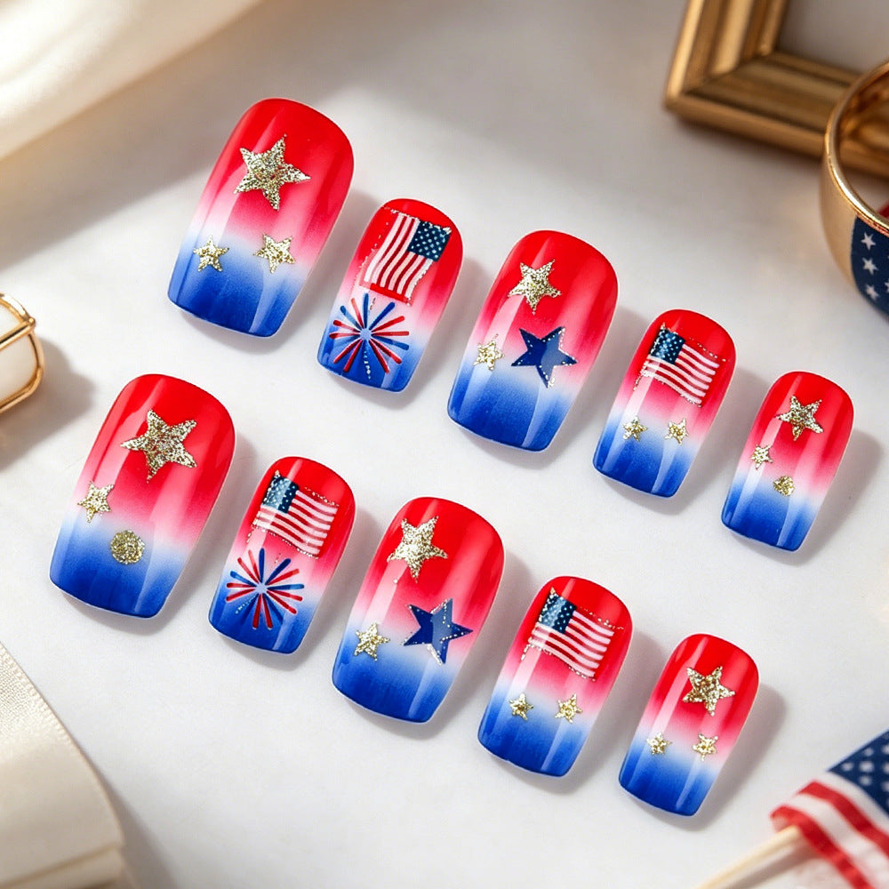 Patriotic Celebration Short Square Red and Blue Gradient with Sparkling Stars Press On Nail Set