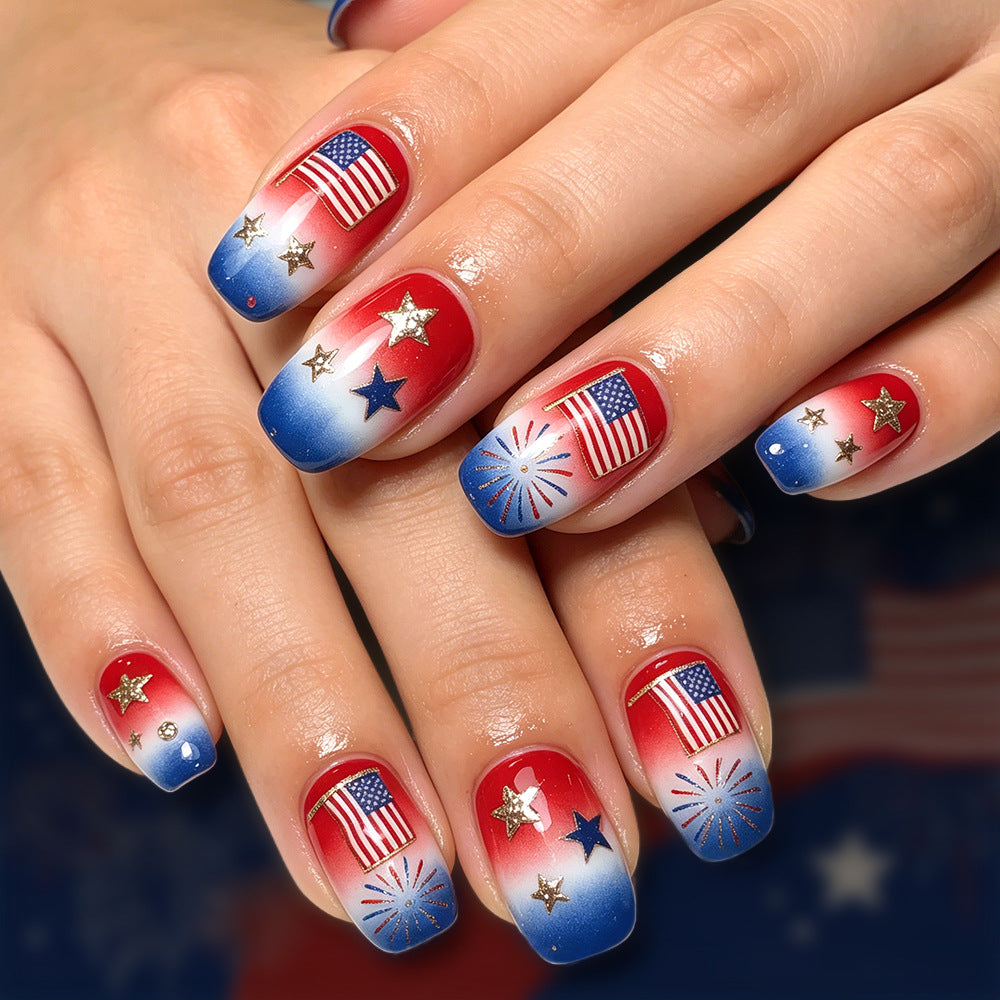 Patriotic Celebration Short Square Red White and Blue with Star Design Press on Nail Set