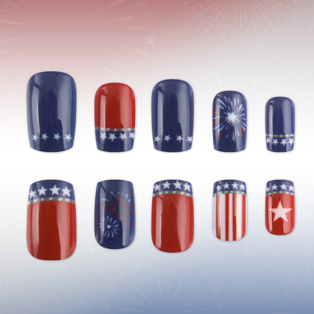 Patriotic Elegance Short Square Red and Blue with Starry Accents Press-On Nail Set