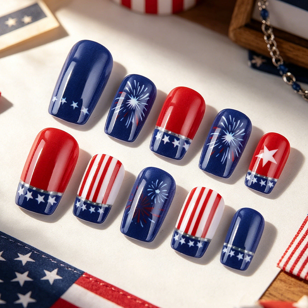 Patriotic Celebration Short Square Red and Blue Fireworks Nail Set