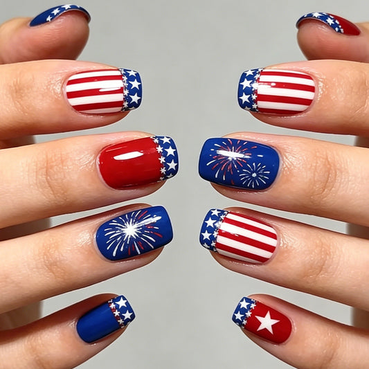Festive Celebration Short Square Blue and Red with Star and Firework Accents Press-On Nail Set