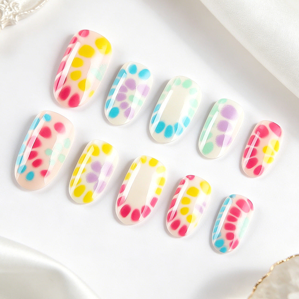 Vibrant Rainbow Delight Short Oval Design with Colorful Dot Accents Press On Nail Set