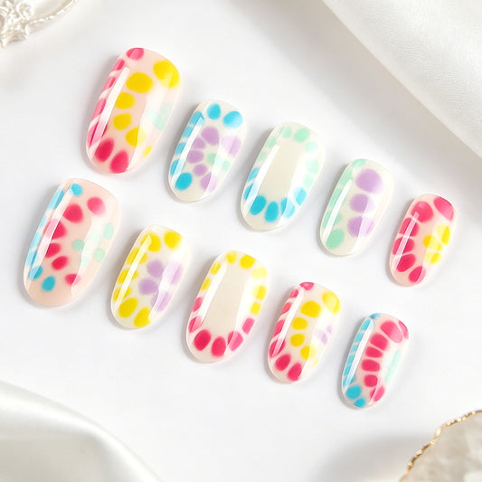 Vibrant Rainbow Delight Short Oval Design with Colorful Dot Accents Press On Nail Set