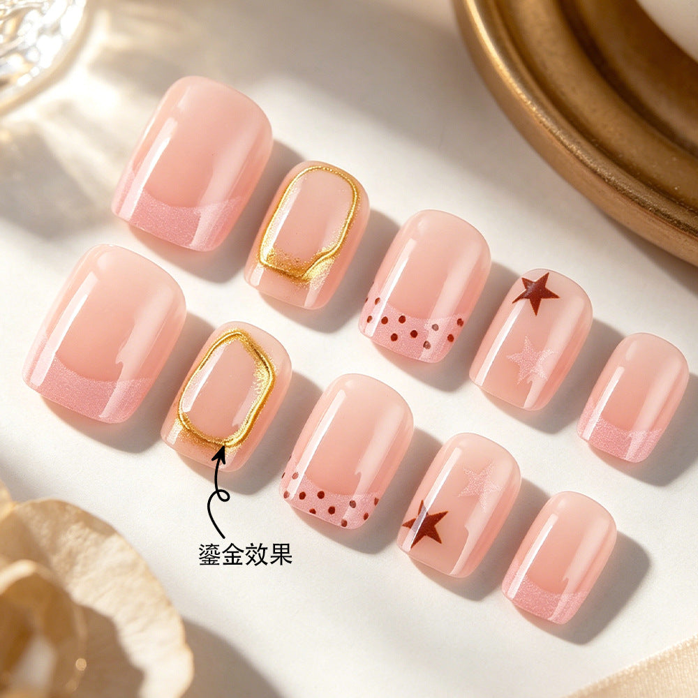 Charming Elegance Short Square Pink Nail Set with Unique Gold accents