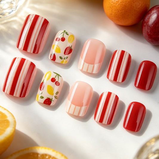 Fresh Fruit Delight Short Square Red with Unique Striped Patterns Press on Nail Set