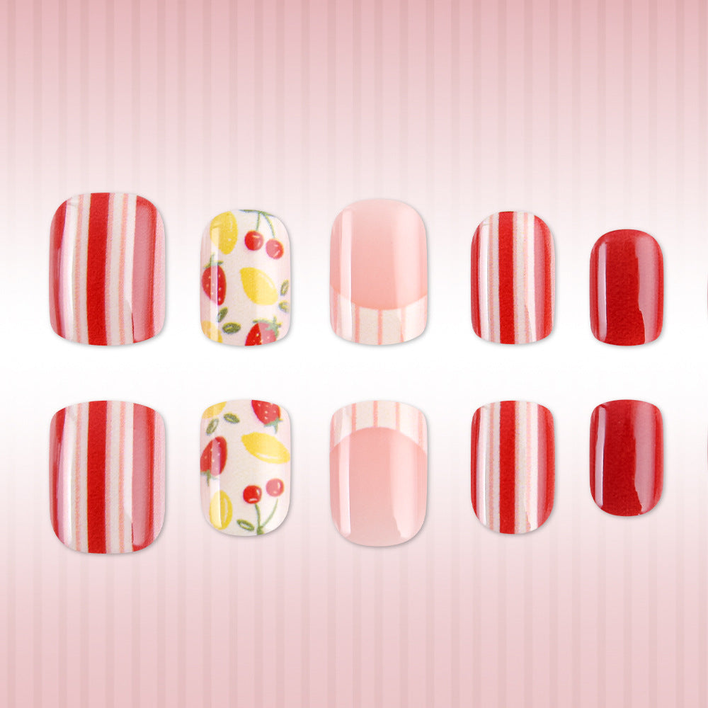 Fruity Delight Short Square Red with Whimsical Stripe and Fruit Design Press-On Nail Set