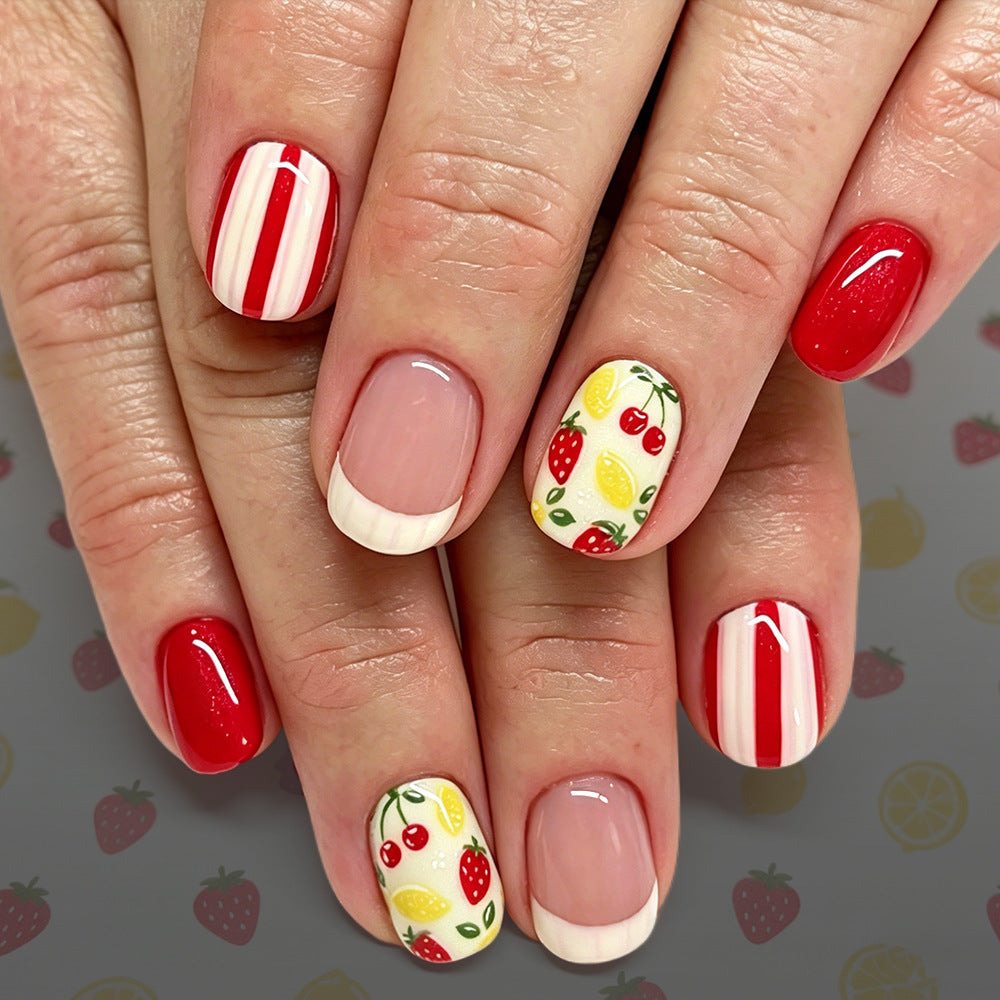 Summer Fruit Delight Short Square Red with Sweet Strawberry Design Press on Nail Set