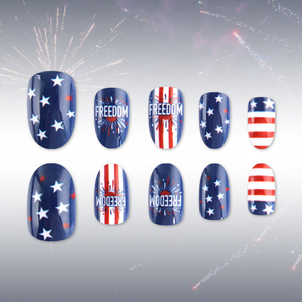 Patriotic Inspiration Medium Oval Navy with Star and Stripes Design Press On Nail Set