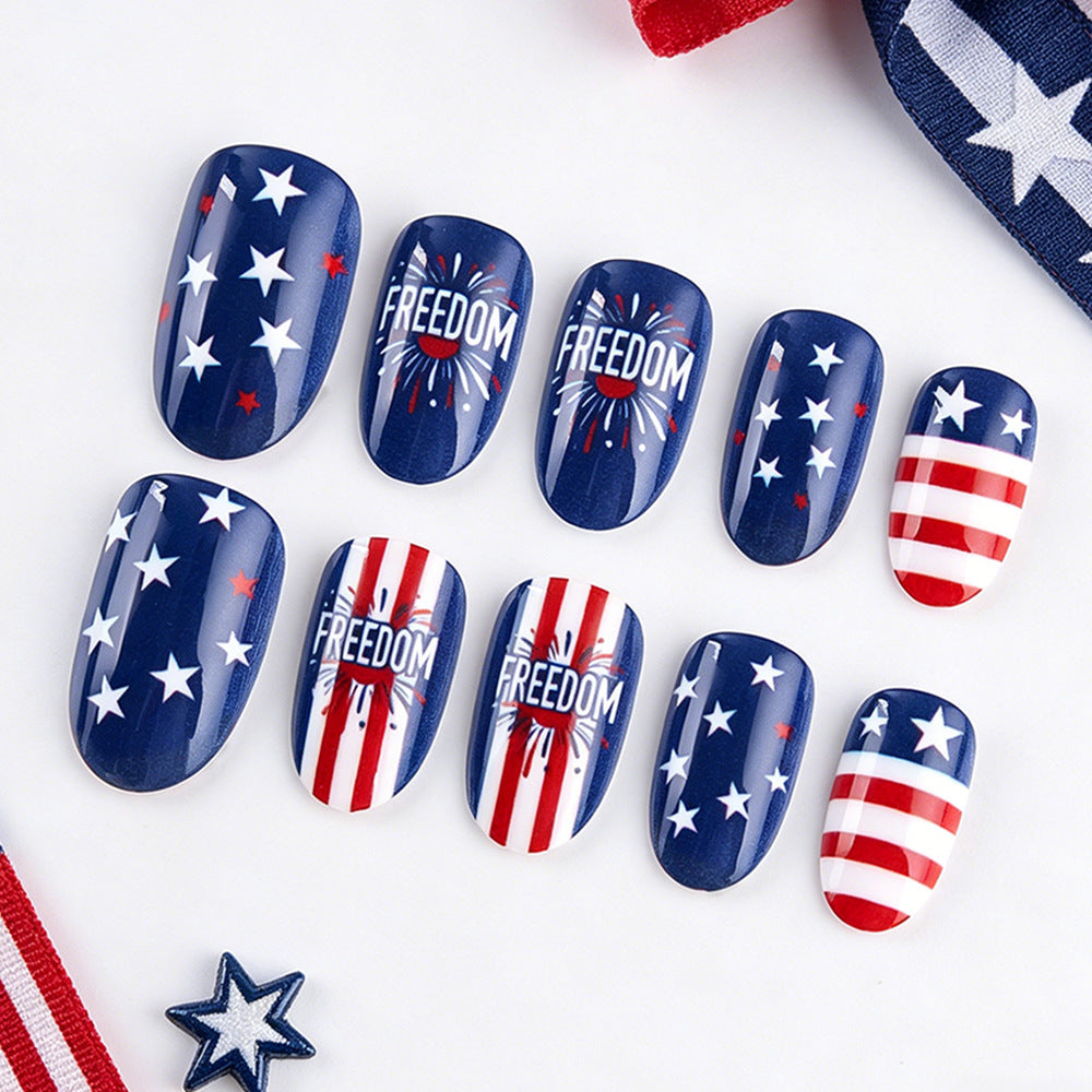 Patriotic Celebration Medium Oval Navy Blue with Freedom Theme Press on Nail Set