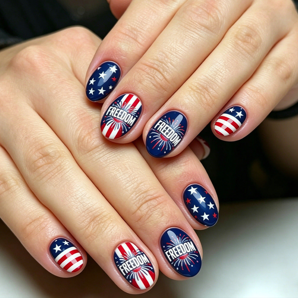 Patriotic Freedom Oval Short Press on Nail Set with Vibrant American Themed Art