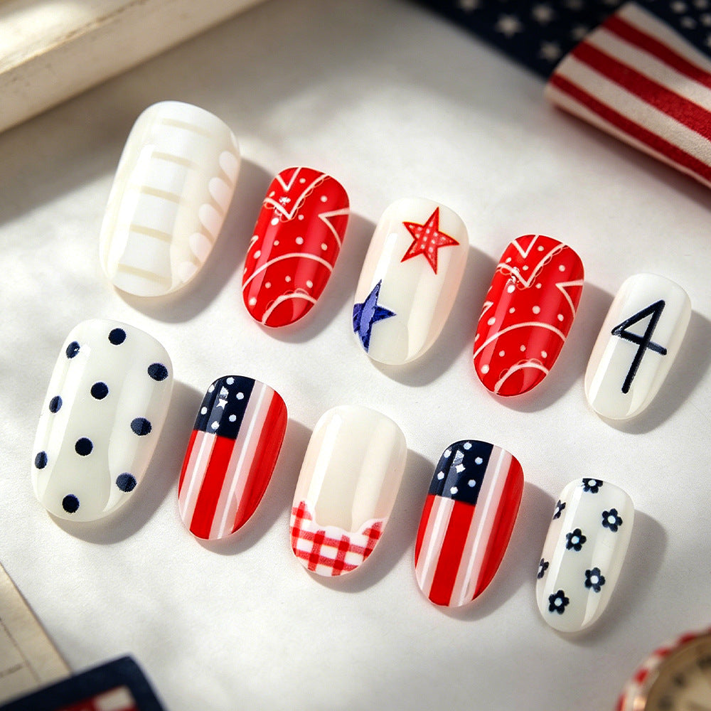 Patriotic Vibes Medium Oval Red and White Themed Nail Set with Star and Stripes Design