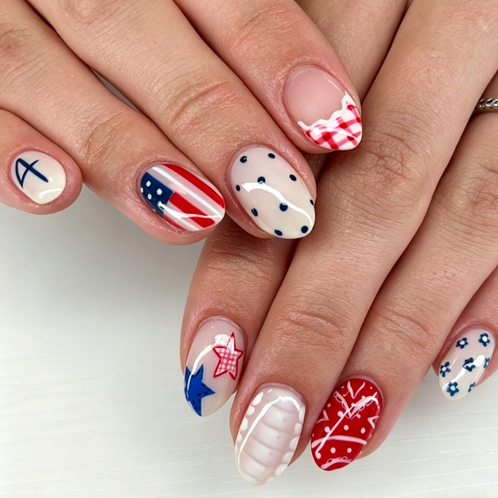 Patriotic Vibes Medium Oval Red and Blue Themed Nail Set