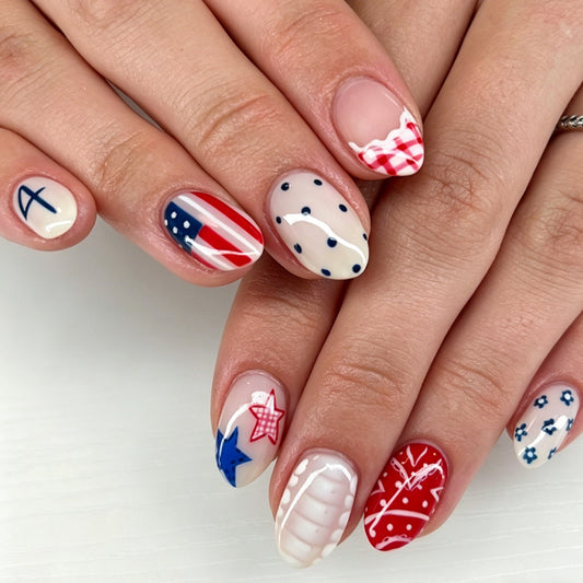 Patriotic Vibes Medium Oval Red and Blue Themed Nail Set
