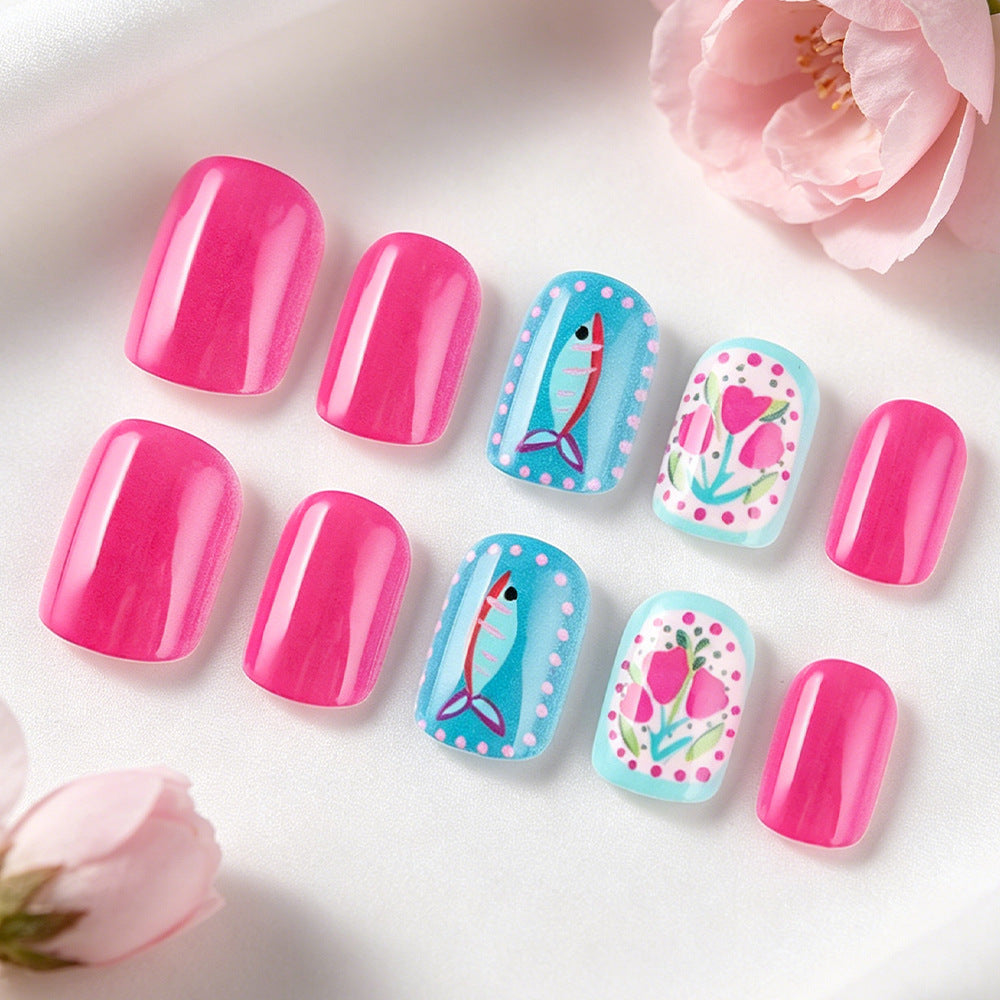 Whimsical Ocean Vibes Short Square Pink Press on Nail Set with Charming Art Designs