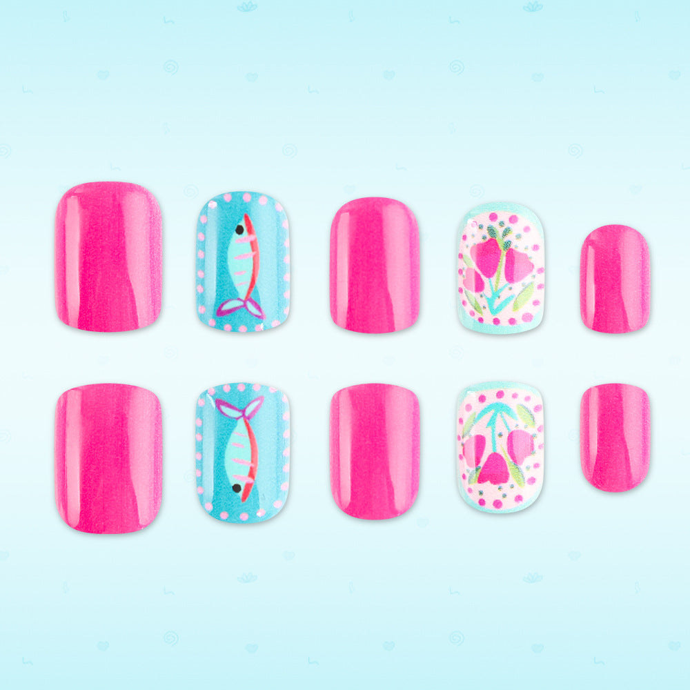 Whimsical Floral Short Square Pink Nail Set with Unique Artistic Designs