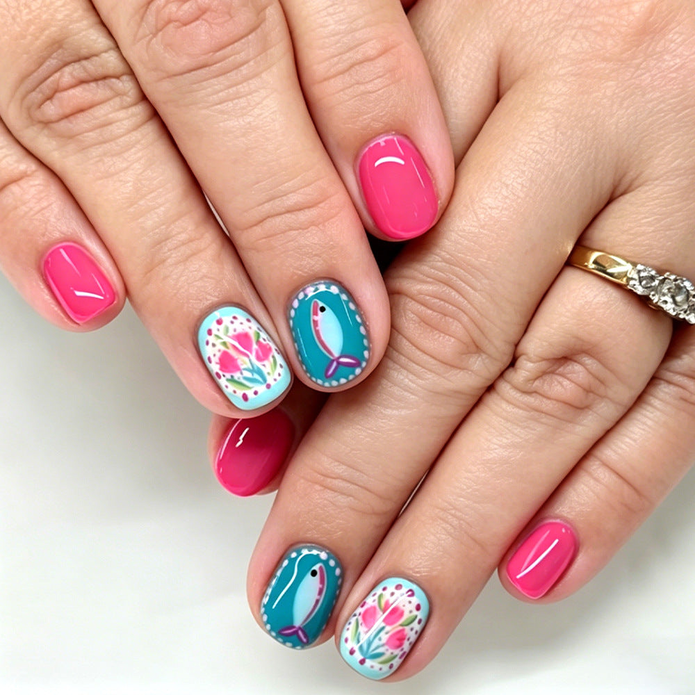 Vibrant Floral Short Square Press On Nail Set with Artistic Design