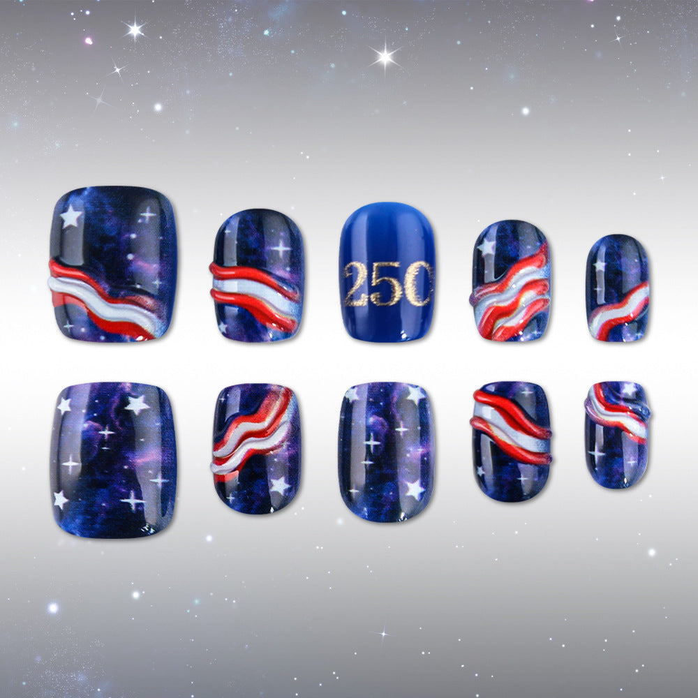 Galactic Wonders Short Square Dark Blue with Unique Wave Design Press on Nail Set