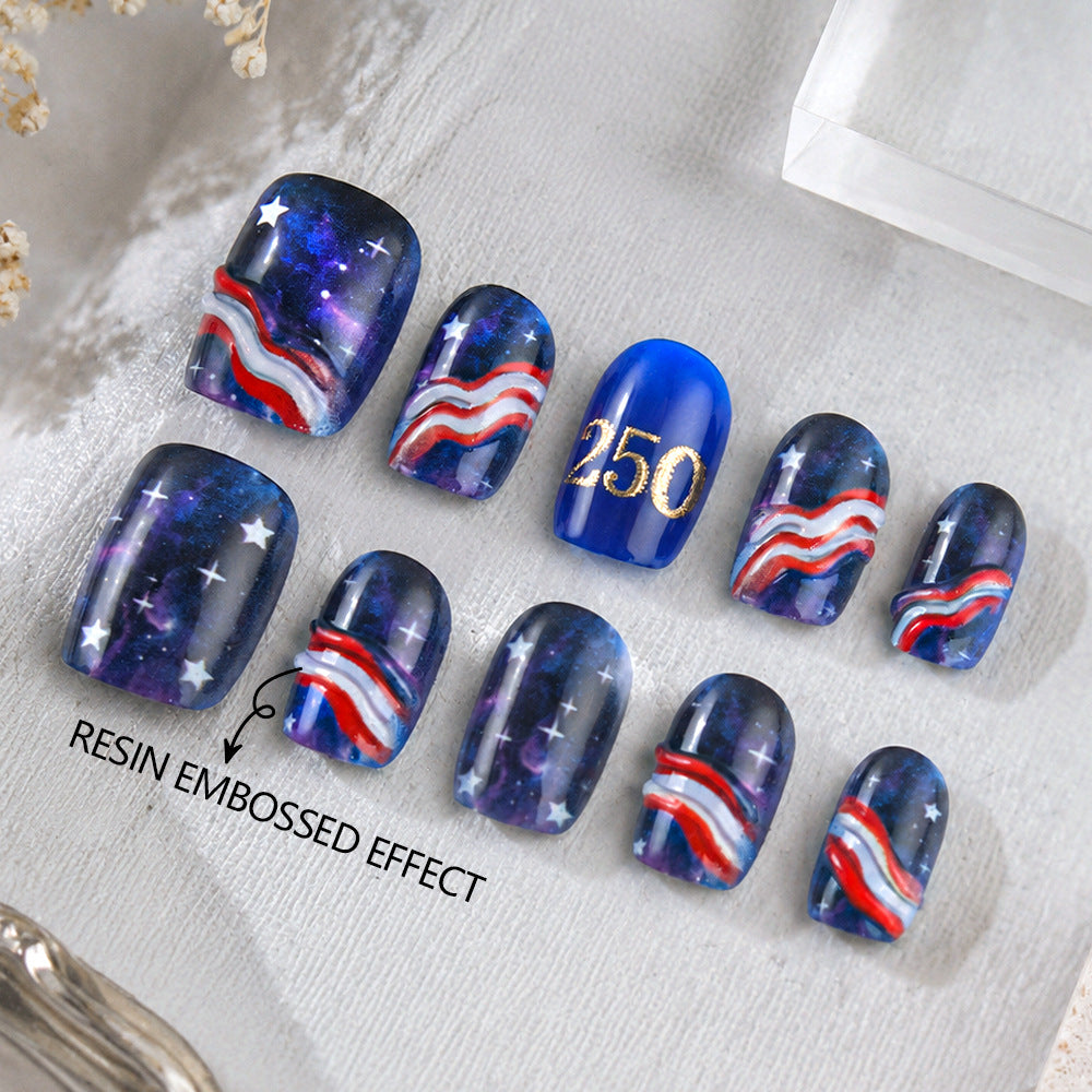 Galactic Dream Short Square Blue with Resin Embossed Effect Nail Set