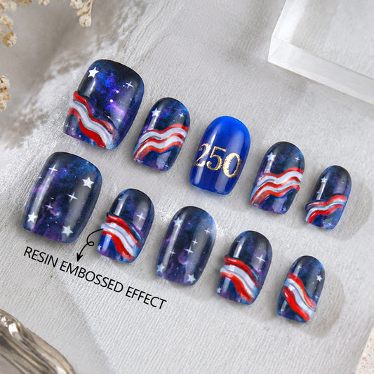 Galactic Dream Short Square Blue with Resin Embossed Effect Nail Set