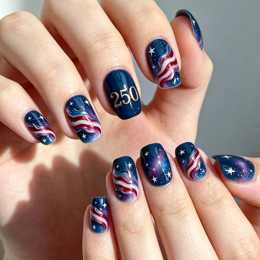 Cosmic Americana Short Square Navy Blue with Galaxy and Stars Nail Set
