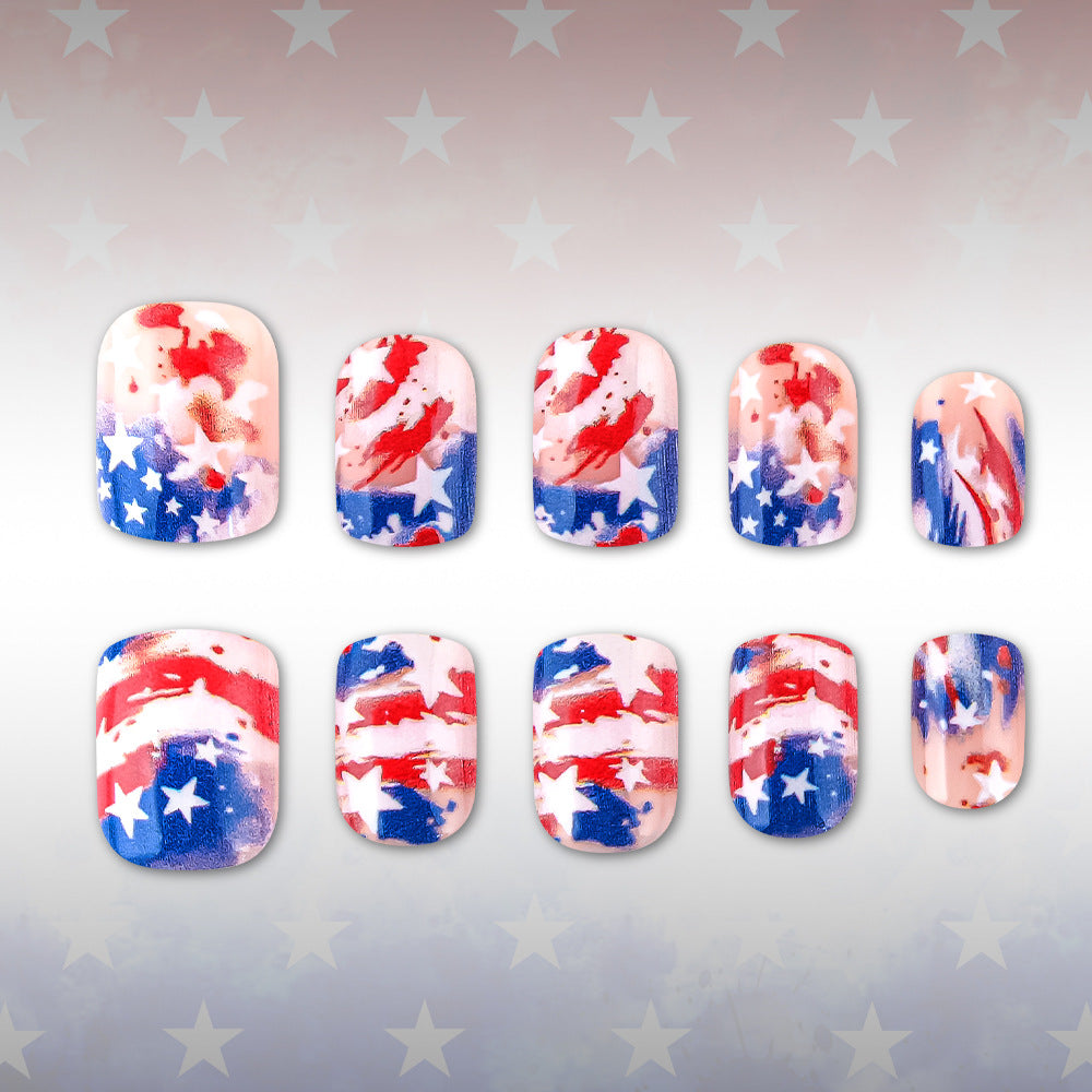 Patriotic Vibes Medium Square Red and Blue Starry Design Press On Nail Set