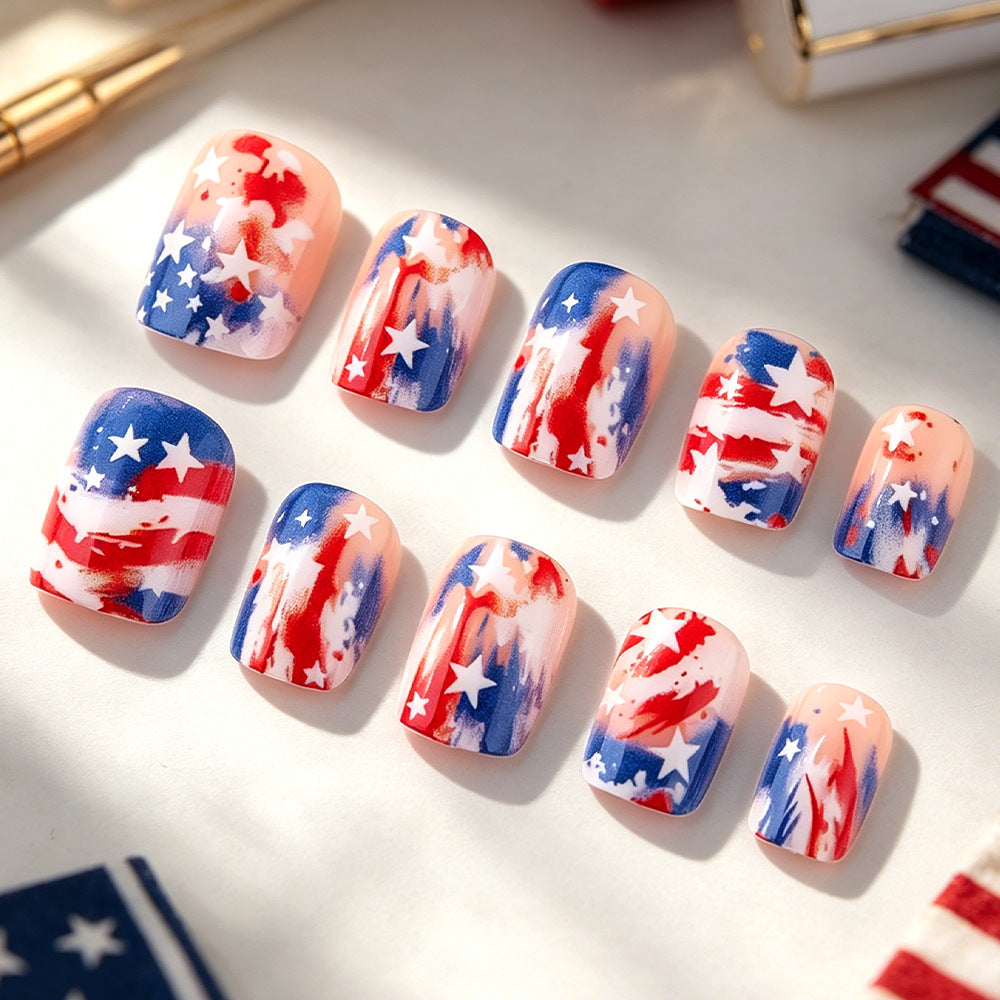 Patriotic Glamour Short Square Red and Blue Starry Design Press On Nail Set