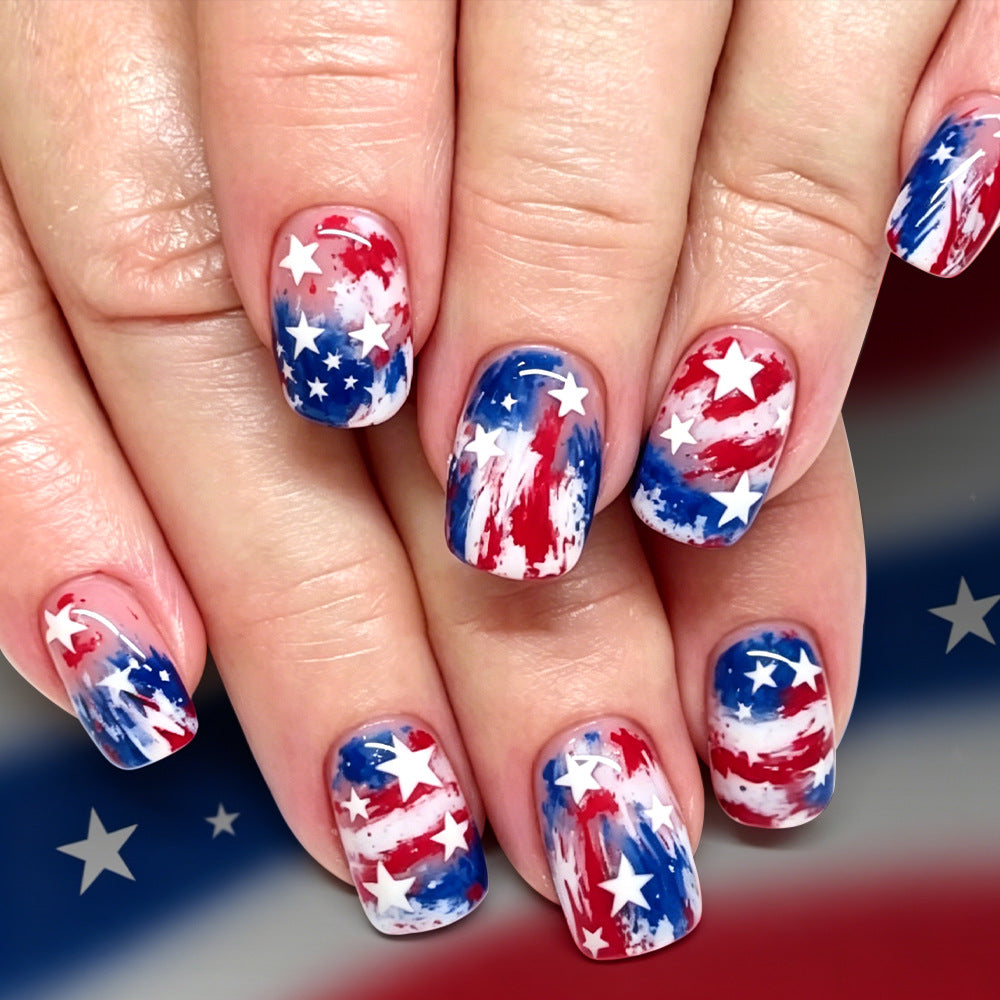 Patriotic Celebration Medium Square Red and Blue Star Design Press On Nail Set