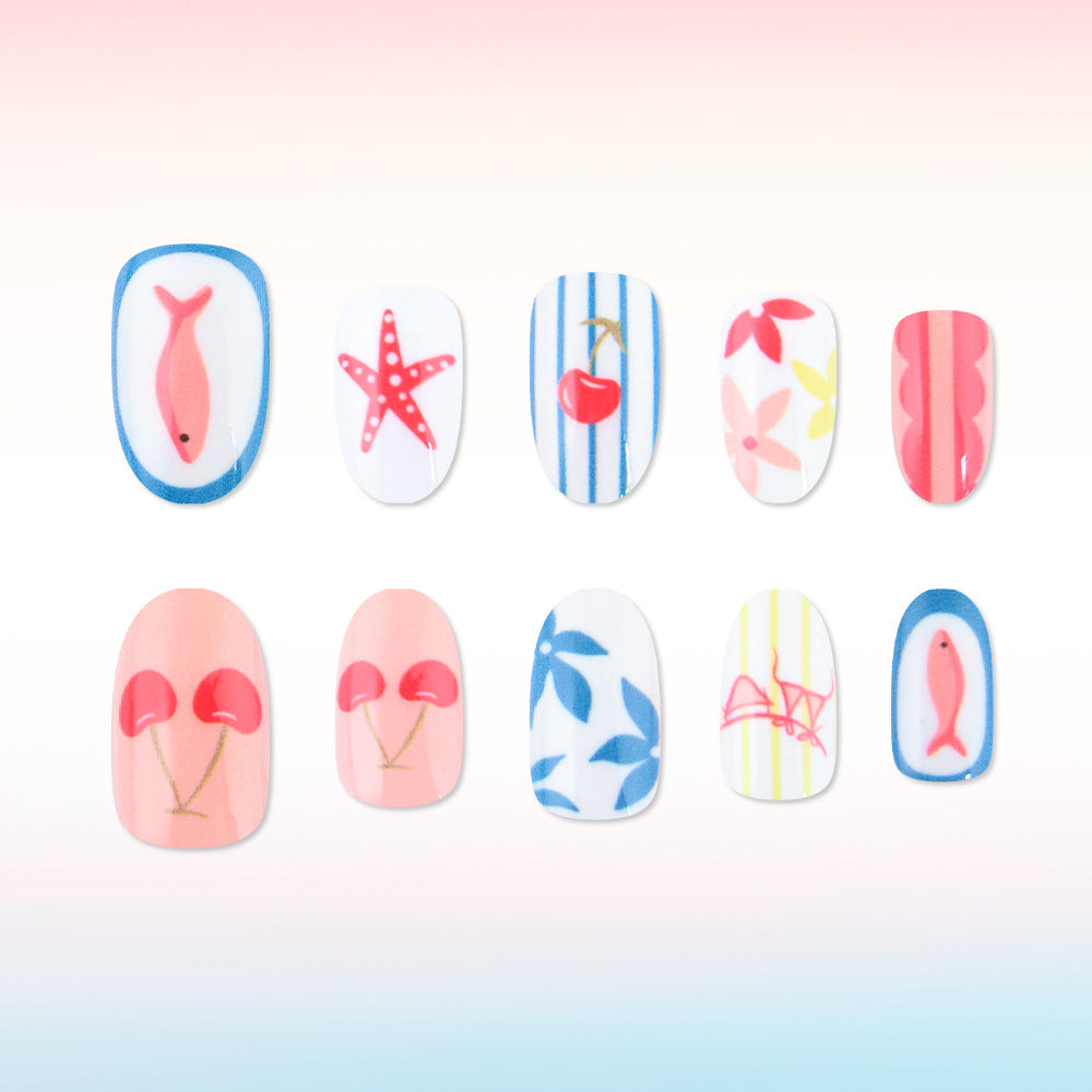Tropical Vibes Medium Oval Pink and Colorful Art Design Press On Nail Set