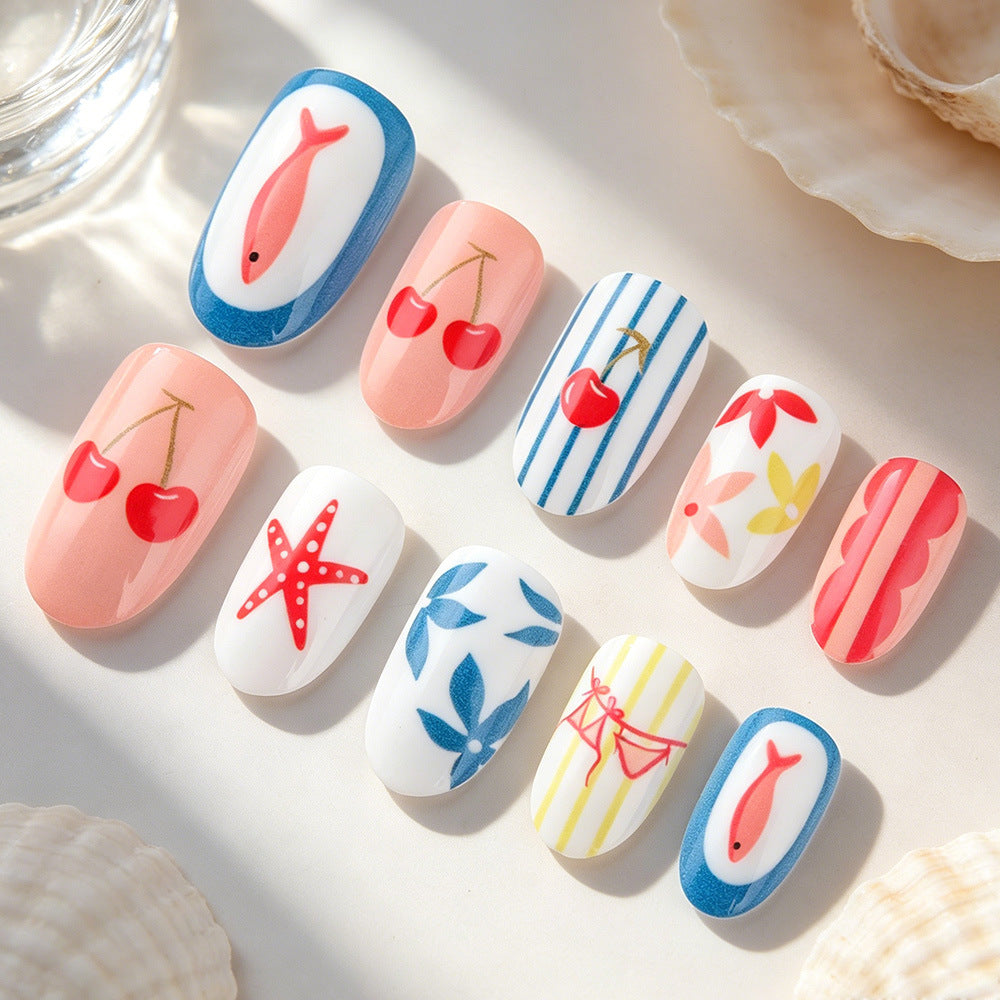 Beach Vibes Short Round Coral and Nautical Theme Press On Nail Set