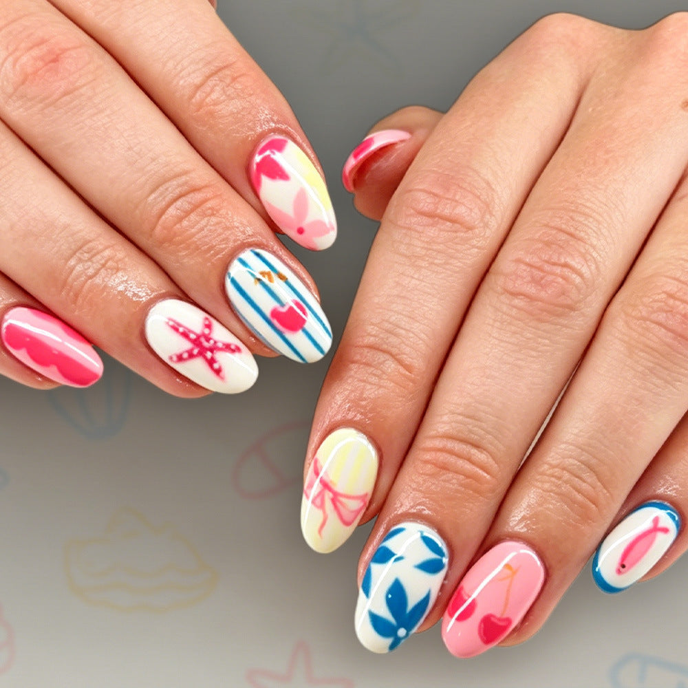 Sunkissed Dream Short Oval Pink and Blue Floral Design Press On Nail Set