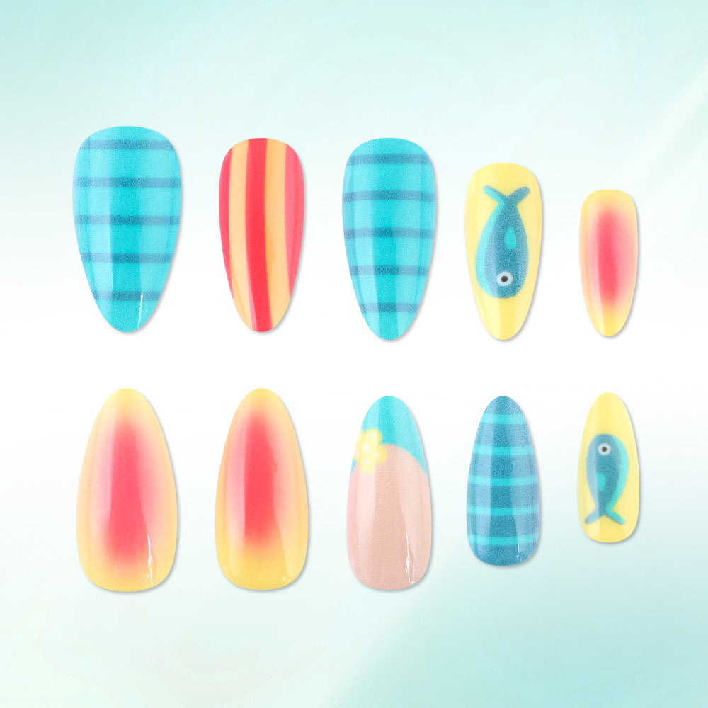 Tropical Vibe Medium Almond Blue and Yellow Press On Nail Set with Artistic Patterns