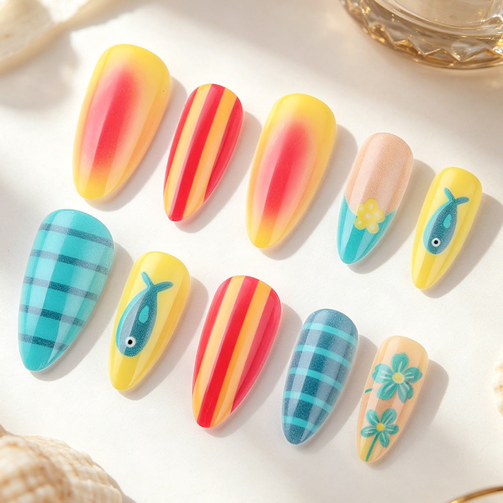 Sunny Beach Vibes Medium Almond Yellow with Patterned Designs Press-On Nail Set