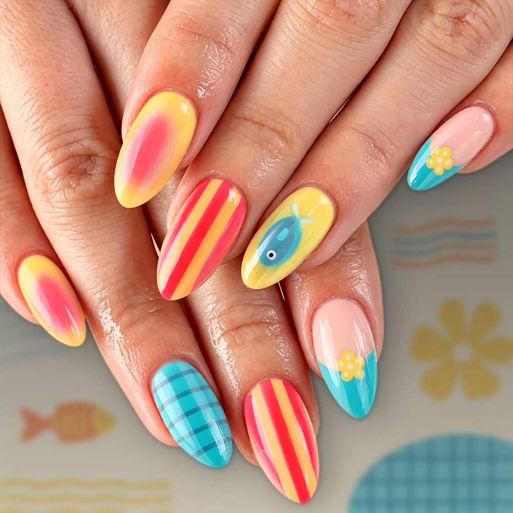 Tropical Vibes Long Almond Multicolor with Ocean-Inspired Designs Press on Nail Set