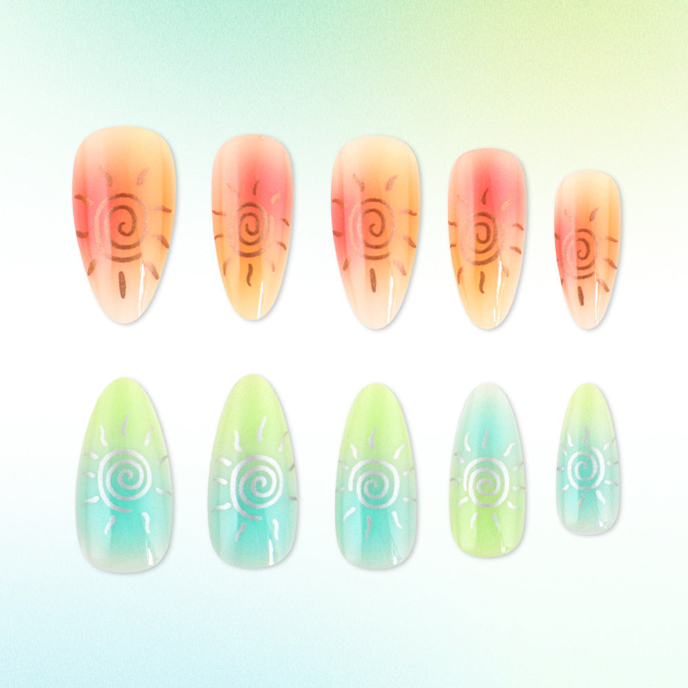 Sunny Vibes Medium Almond Ombre Nail Set with Whimsical Sun Design