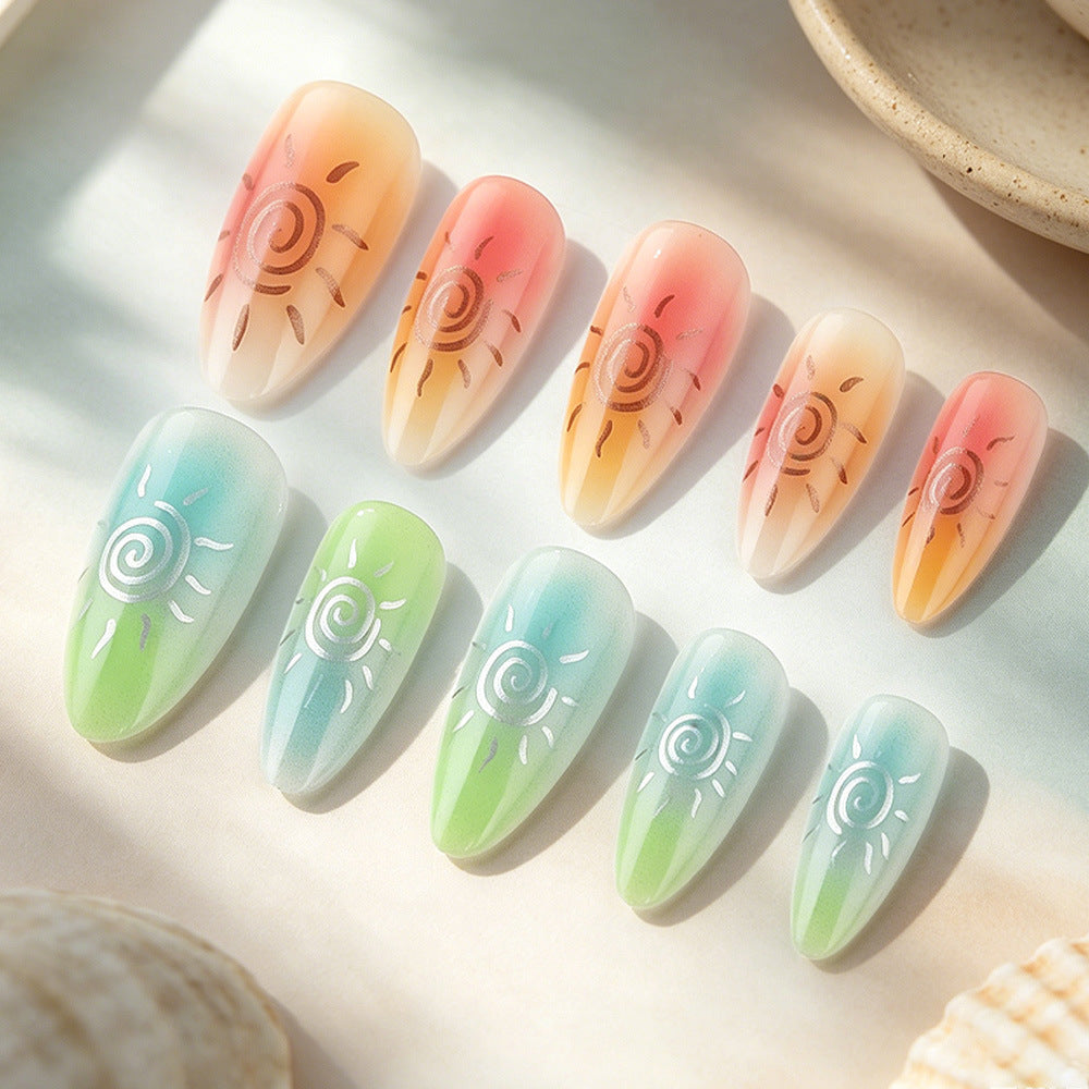 Tropical Sunset Medium Almond Pastel Gradient with Sunburst Design Nail Press Set