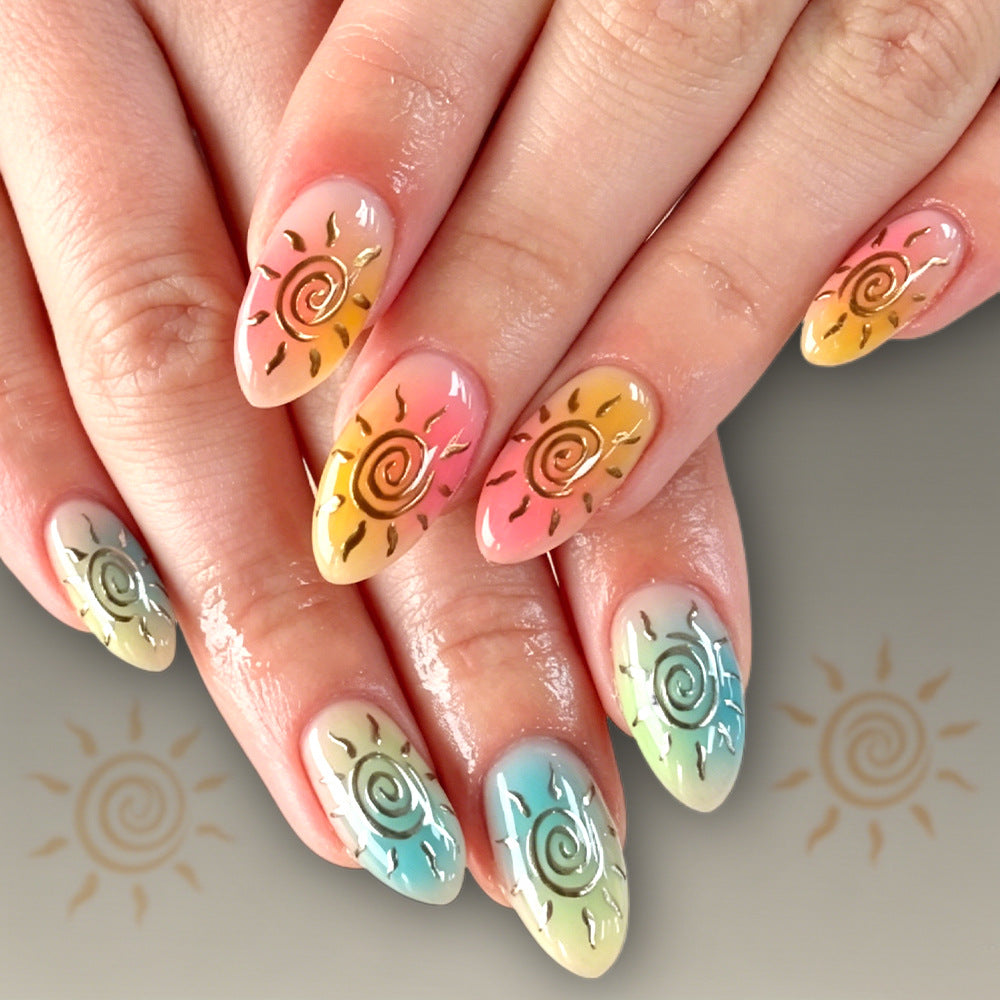 Sunshine Dream Long Almond Colorful Ombre with Gold Swirl Design Press On Nail Set