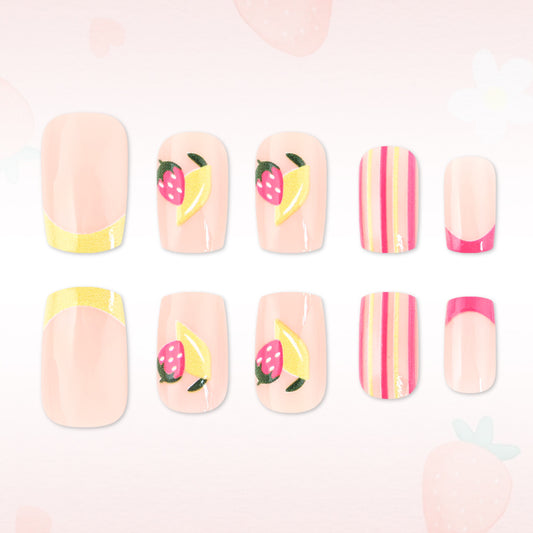 Fruit Fiesta Medium Square Pink and Yellow Fruit Design Press On Nail Set