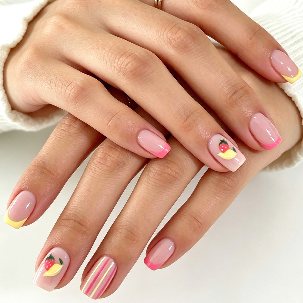 Tropical Delight Medium Square Pink Tips Nail Set with Fun Fruit Designs