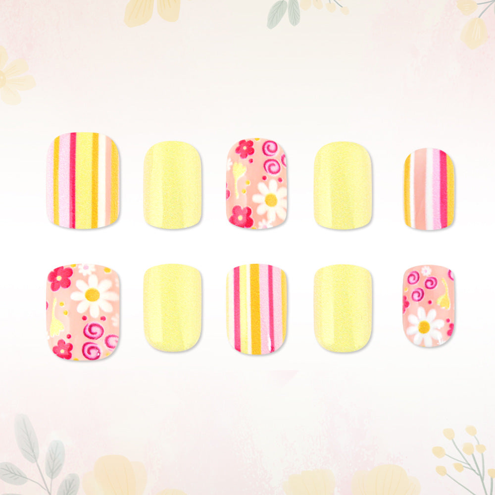 Bright Floral Bliss Short Square Yellow with Whimsical Patterns Press On Nail Set