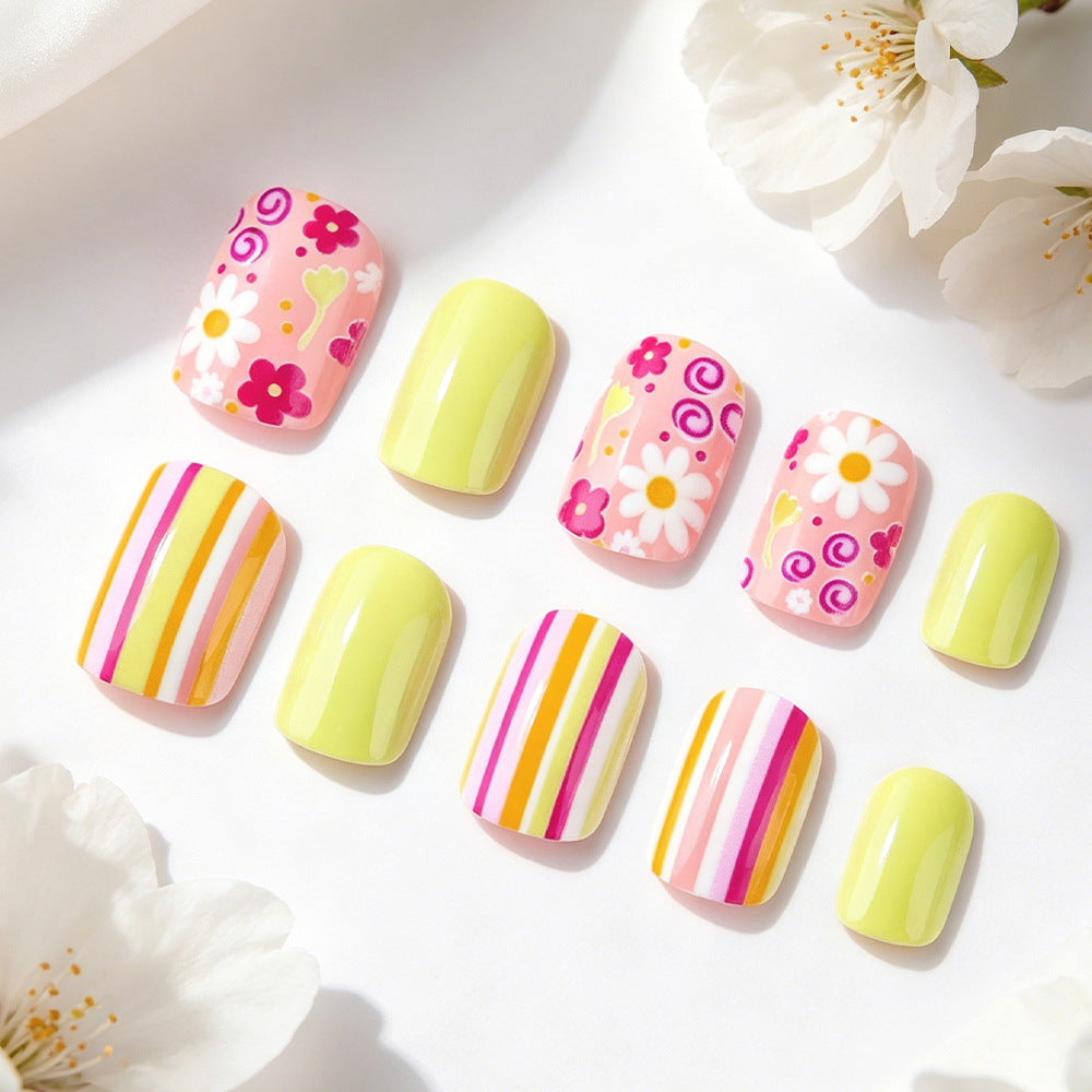 Spring Blossoms Medium Square Yellow Floral and Striped Press-On Nail Set